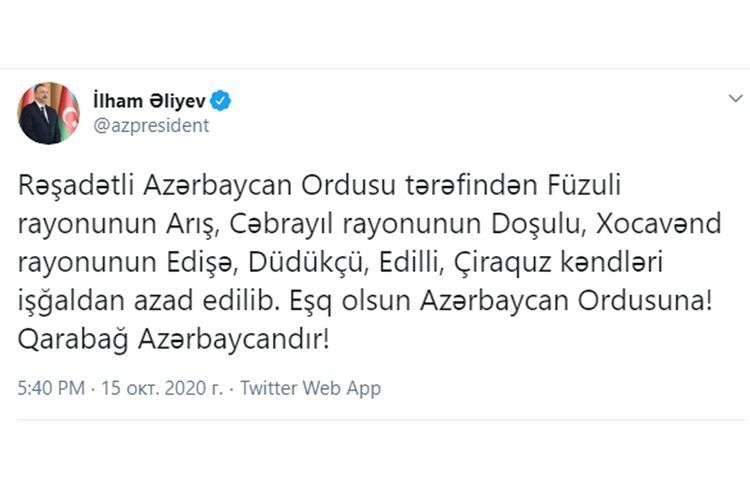 "Daha 6 kənd işğaldan azad edilib" - Azərbaycan Prezidenti