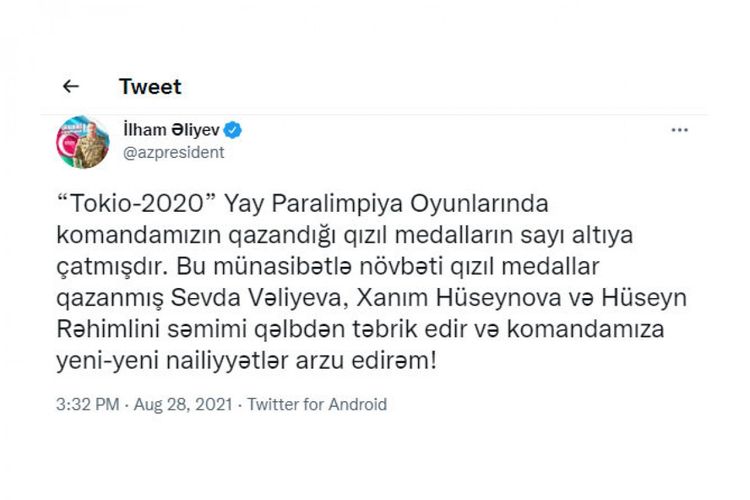 Qızıl medal qazanan daha üç paracüdoçumuzu təbrik etdi - Prezident İlham Əliyev