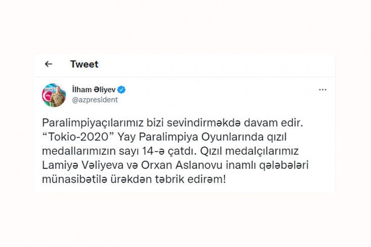 Paralimpiadada növbəti qızıl medalları qazanan idmançılarımızı təbrik etdi - Prezident İlham Əliyev 