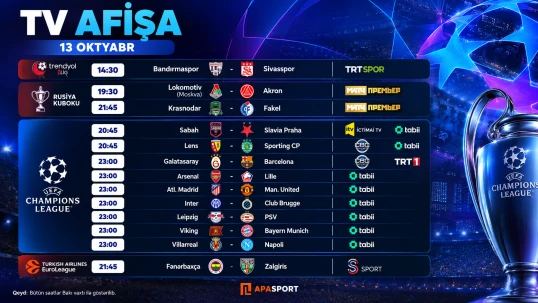 "Sabah" - "Slaviya" və "Qalatasaray" - "Barselona" matçları bu kanallarda - TV AFİŞA 